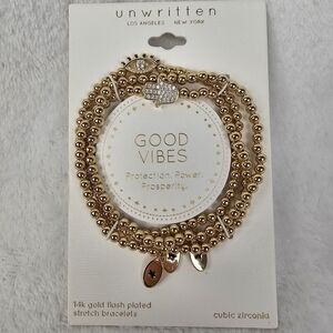 Unwritten Good Vibes 14k Gold Flash Plated Stretch Bracelet Cubic Zirconia